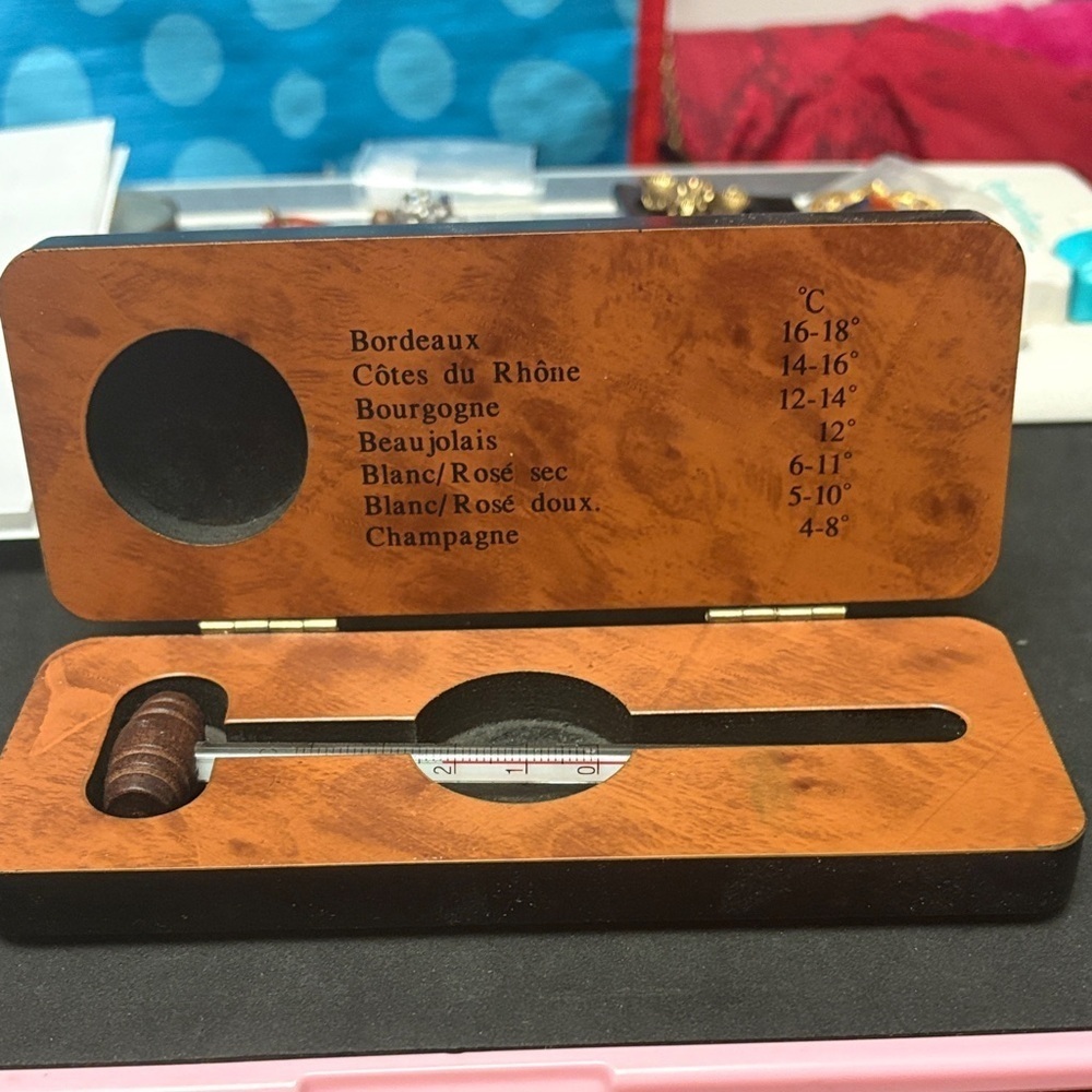 Vintage Wooden Wine Thermometer Case With Thermometer